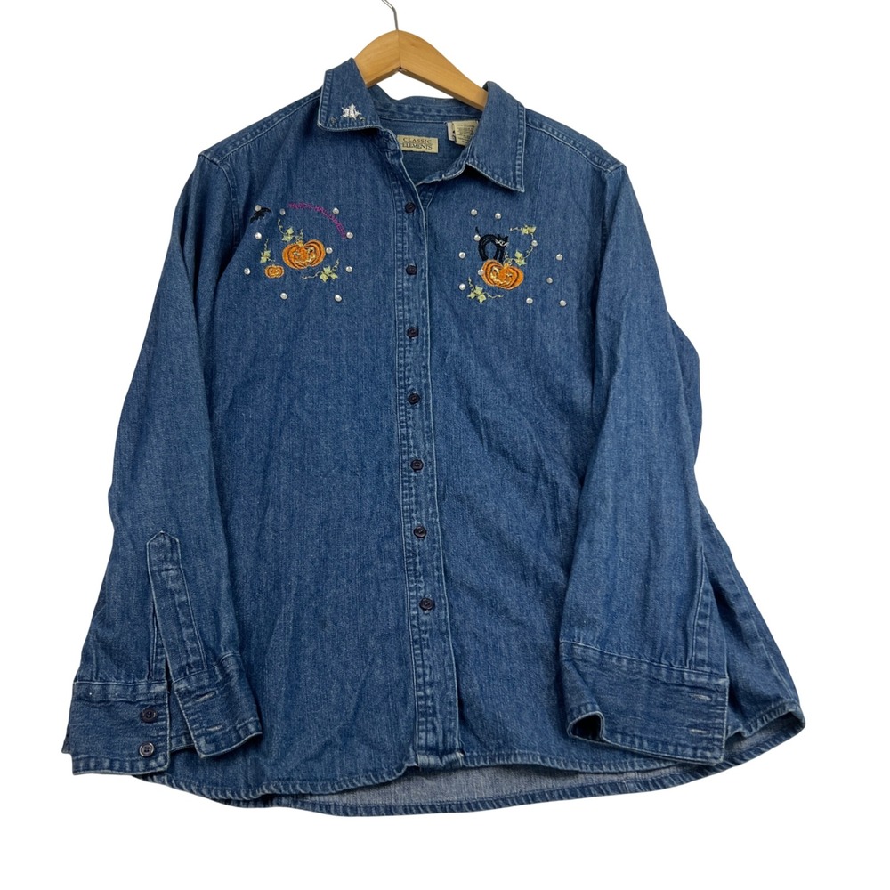 Classic Elements Womens 10 Denim Halloween Shirt Pumpkin Cat Embroidery Blue